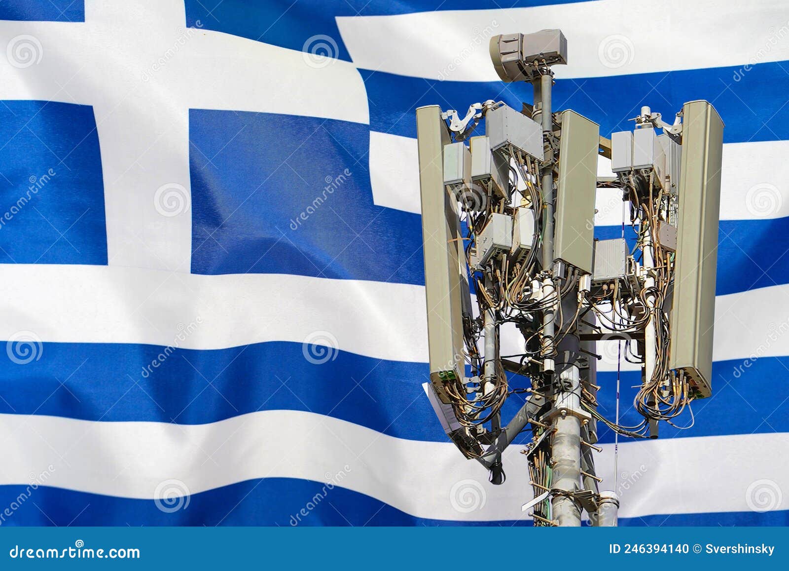 5G Network Antenna Base Station on Background Greece Flag. 6G Network