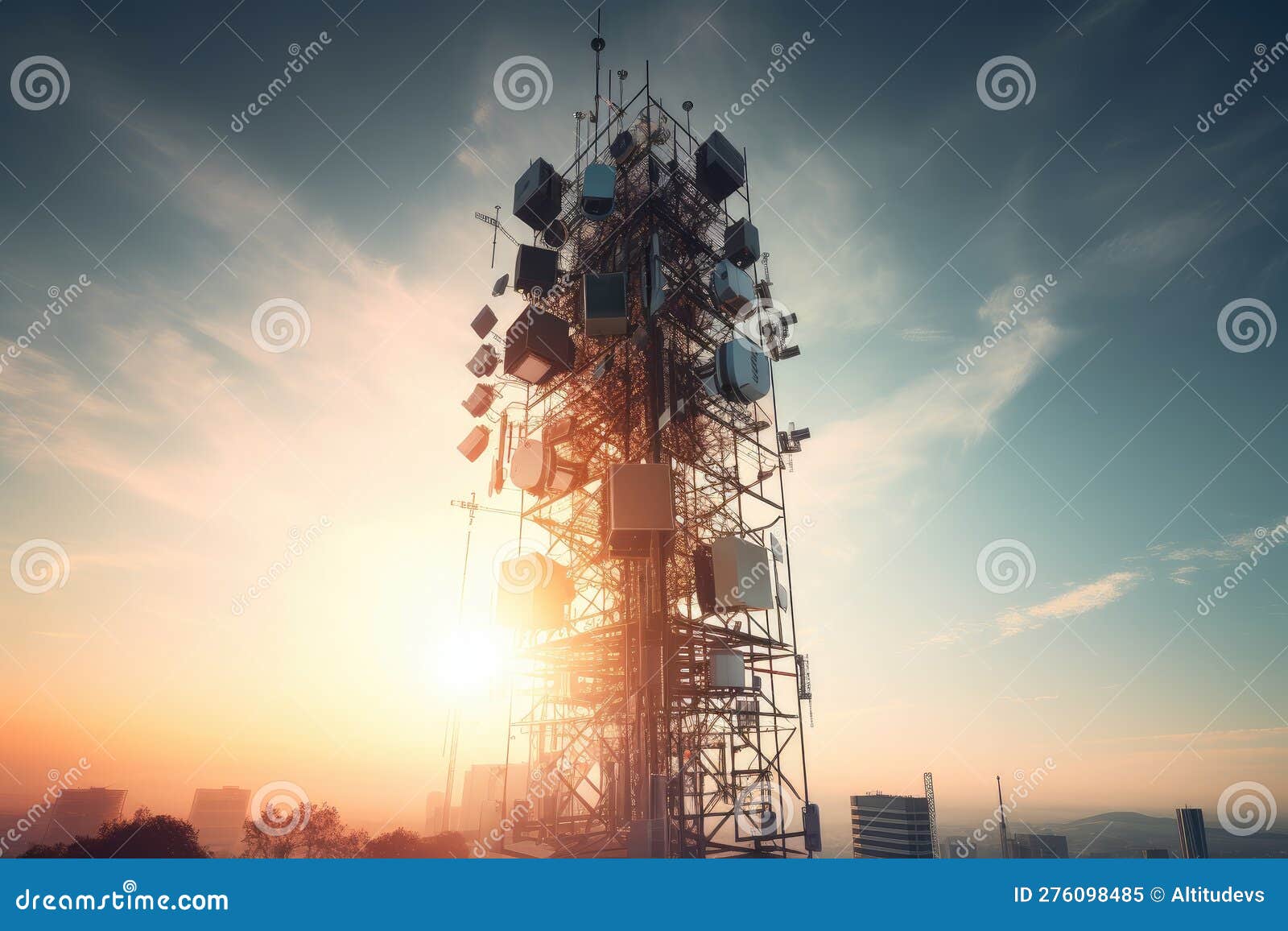 5g Network Tower, with Cables Strewn Across the Ground Stock