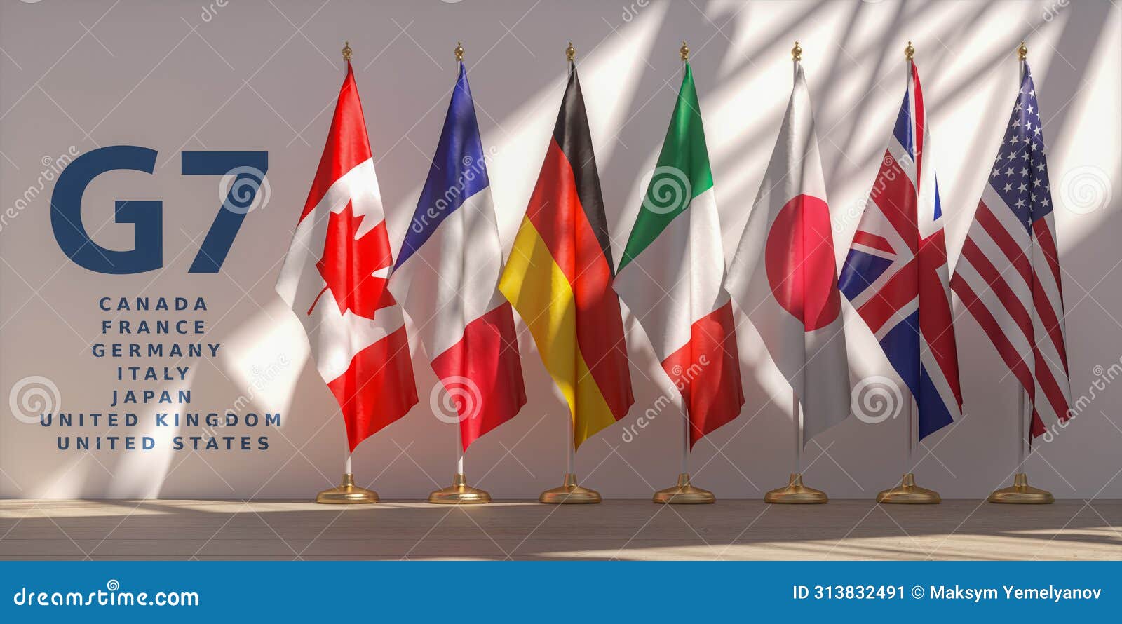 g7 summit or meeting concept. row from flags of members of g7 group of seven and list of countries