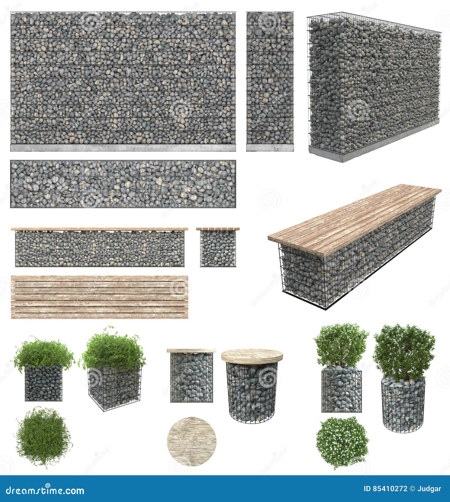 gabion - stones in wire mesh. wall, bench, flower pots with plants of the rocks and metal grates.  on white background. fr