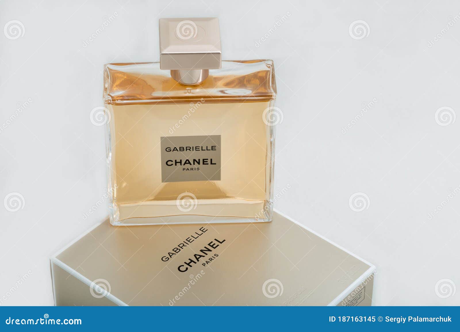 Gabrielle Chanel Paris Perfume Bottle and Box Against White Editorial ...