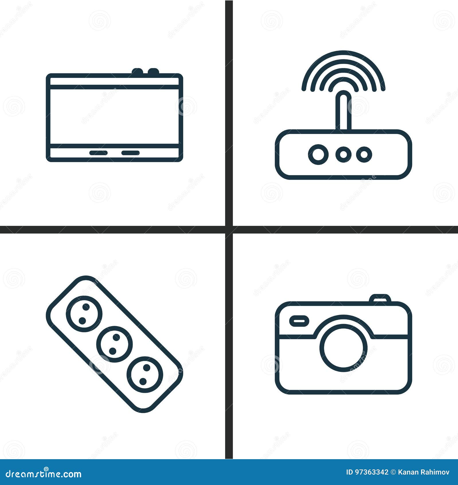 gadget icons set. collection of switch, photo apparatus, extension cord and other s. also includes s such