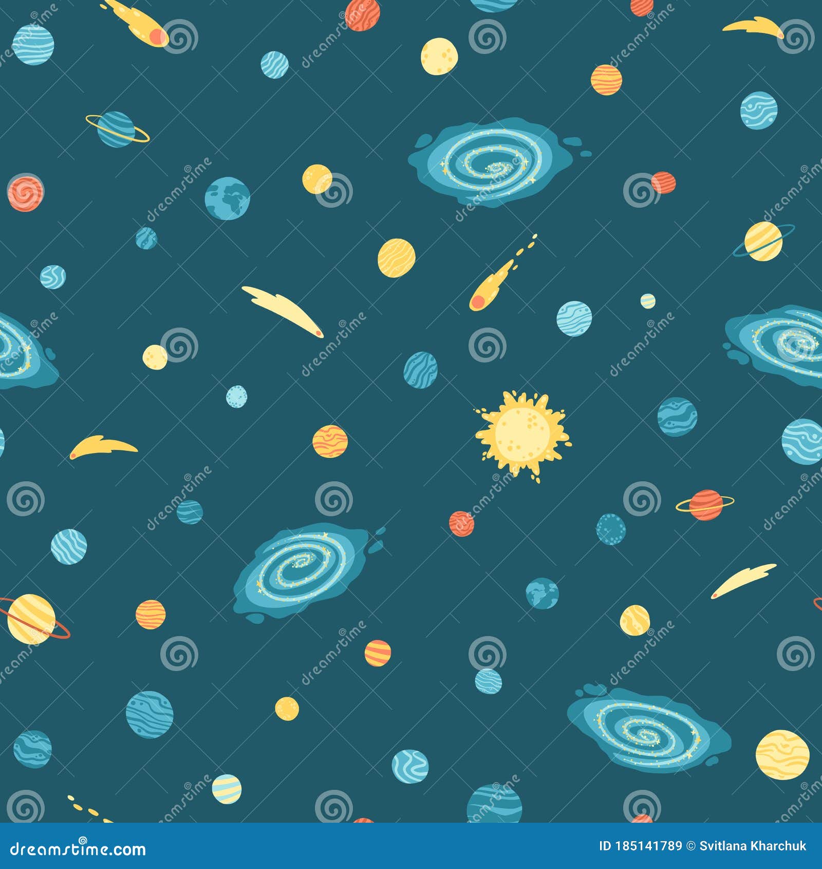 galaxy cosmic seamless pattern with planets, stars and comets. childishly  hand-drawn cartoon  in