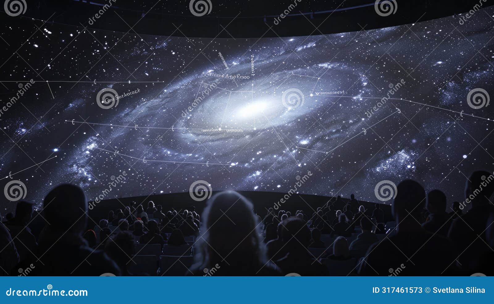 galaxy formations visualized in a planetarium, annotated with distances, surrounded by an audience. big data