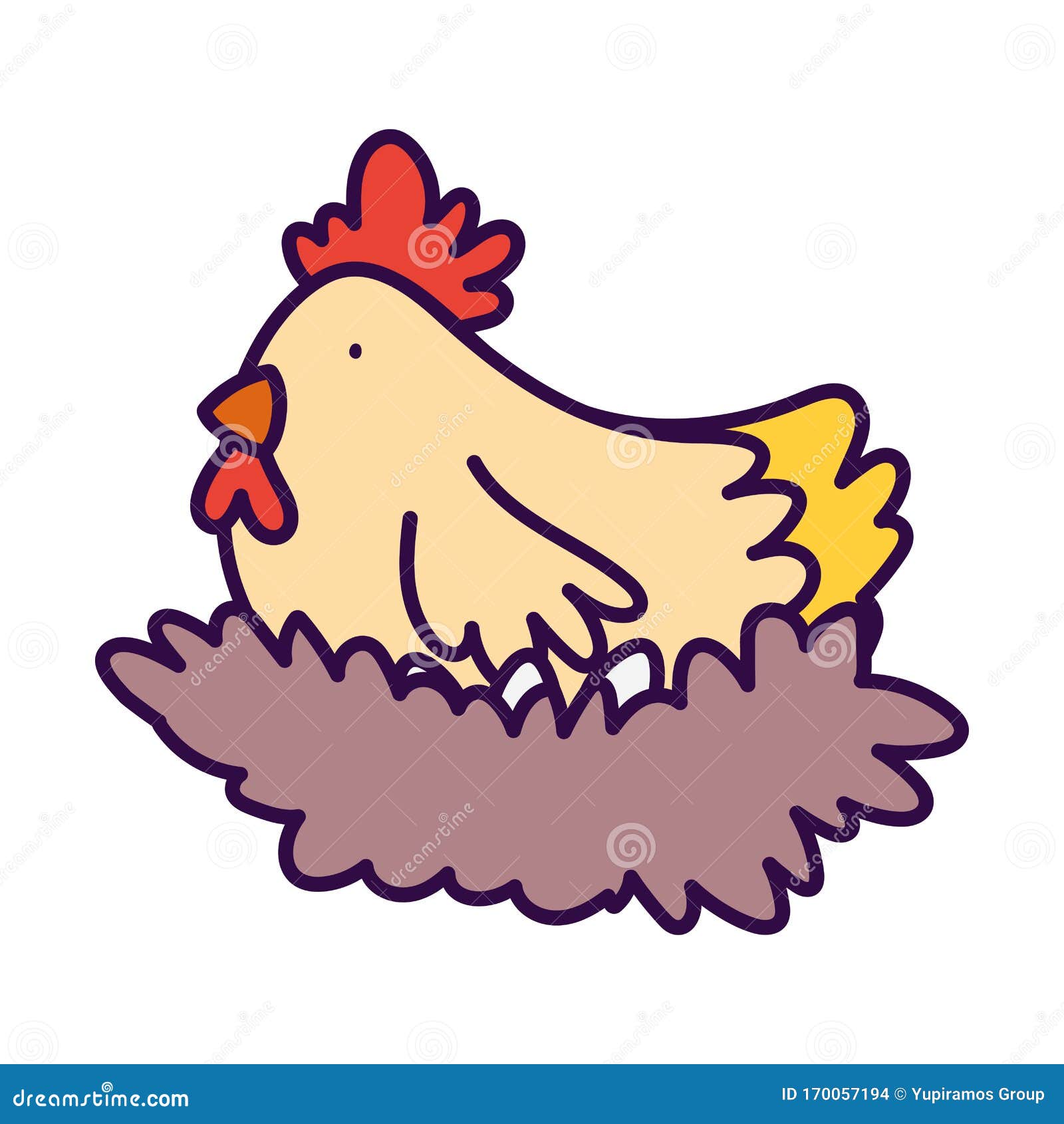 galinha de mãe fofa de desenho animado no ninho choca ovos coloridos de  páscoa. ilustração em vetor isolado simples dos desenhos animados.  imprimindo uma ilustração de páscoa em um cartão postal, camiseta.