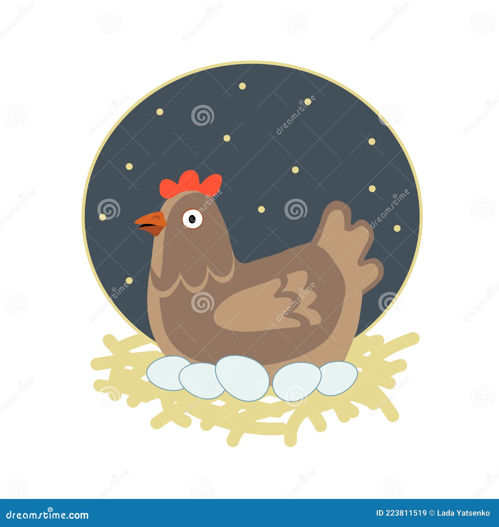 galinha dos desenhos animados incubando seus ovos no ninho de palha.  ilustração de uma galinha sentada em um ninho…