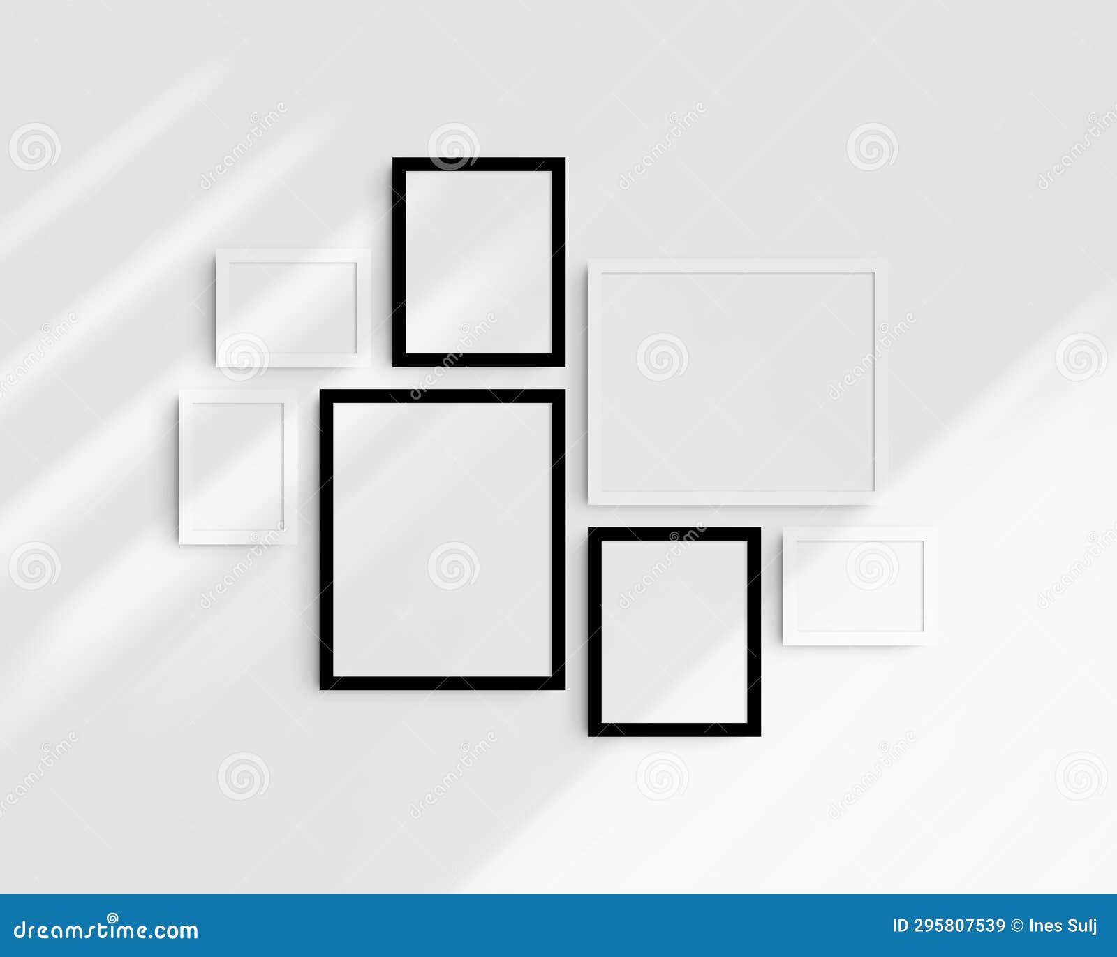 gallery wall mockup set, 7 black and white frames. clean, modern, and minimalist frame mockup.