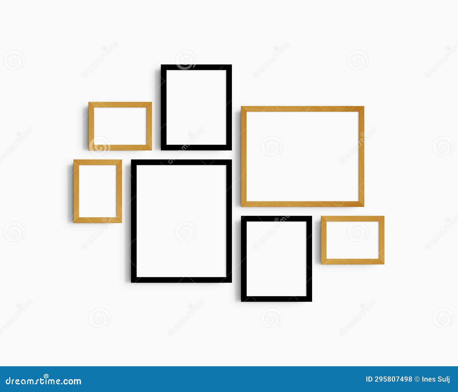 gallery wall mockup set, 7 black and yellow oak frames. clean, modern, and minimalist frame mockup.