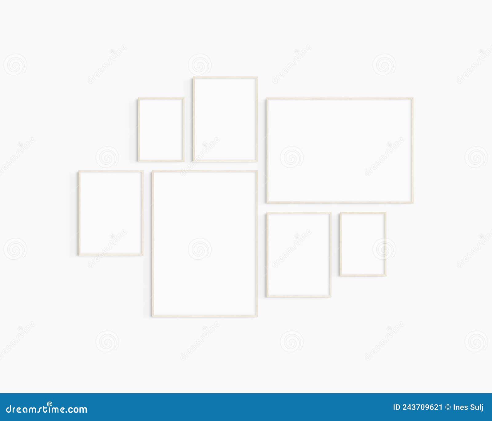 gallery wall mockup. set of 7 light wood frames. gallery wall frame mockup.