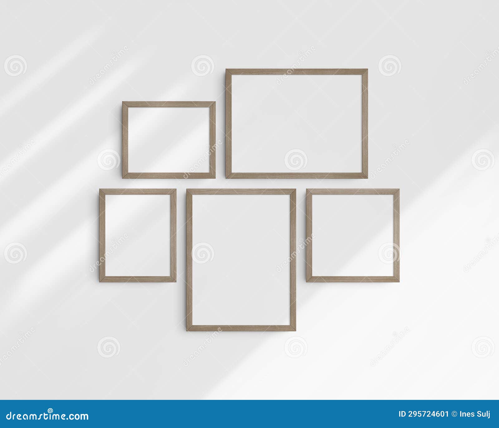 Gallery Wall Mockup Set, 5 Natural Wood Frames. Clean, Modern, and Minimalist Frame Mockup Stock