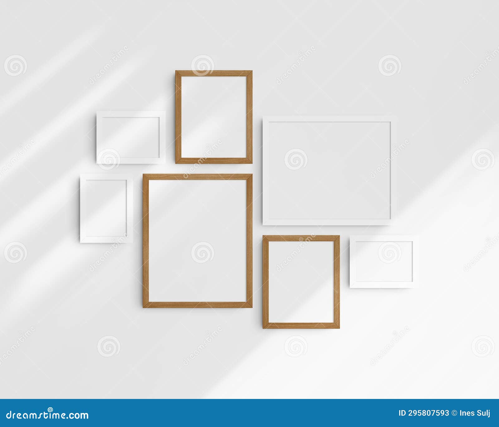 gallery wall mockup set, 7 white and cherry wood frames. clean, modern, and minimalist frame mockup.