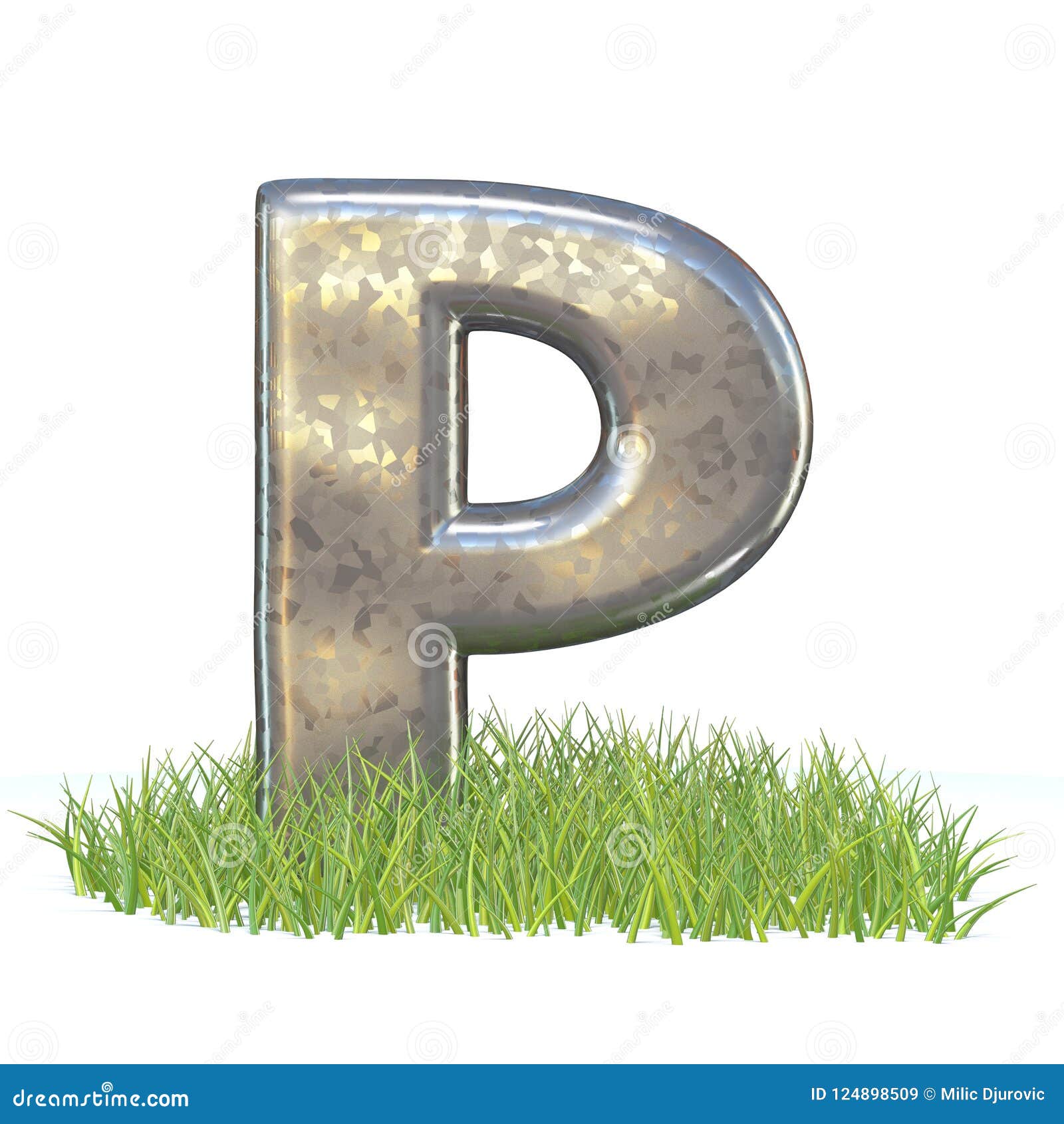 Galvanized Metal Font Letter P In Grass 3d Stock Illustration