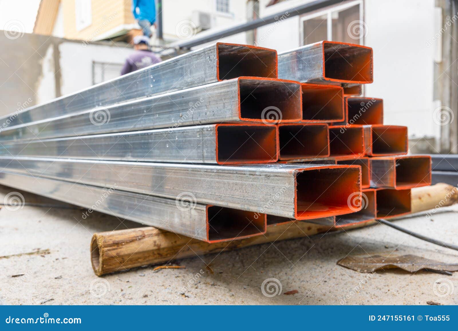 Galvanized Rectangular Steel Tube in Construction Site Stock Image
