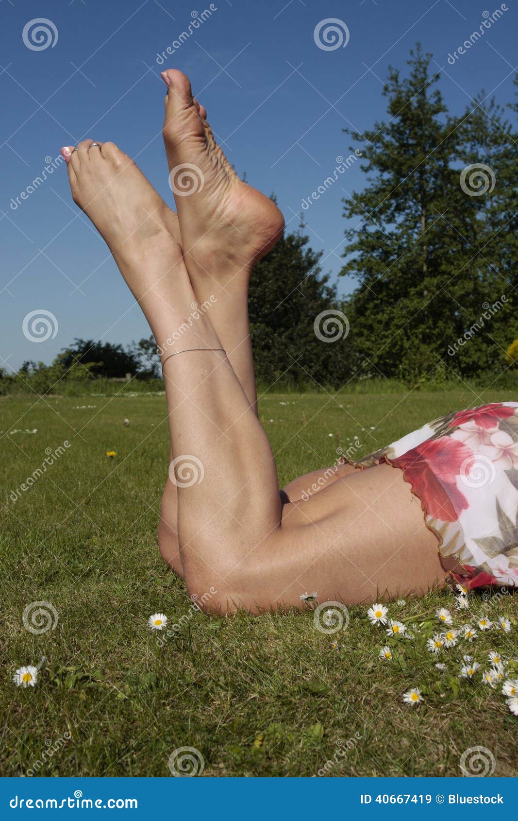 Mi Si Addormentano Le Gambe Sul Water Gambe Femminili Che Si Rilassano Sul Prato Inglese Dell'erba Immagine