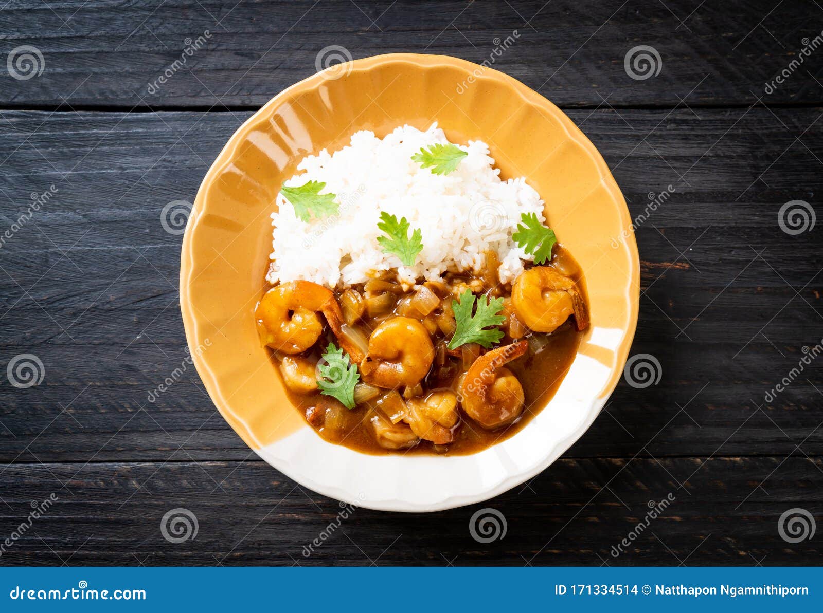 Gamberetti in Salsa Al Curry Sul Riso Fotografia Stock Immagine di