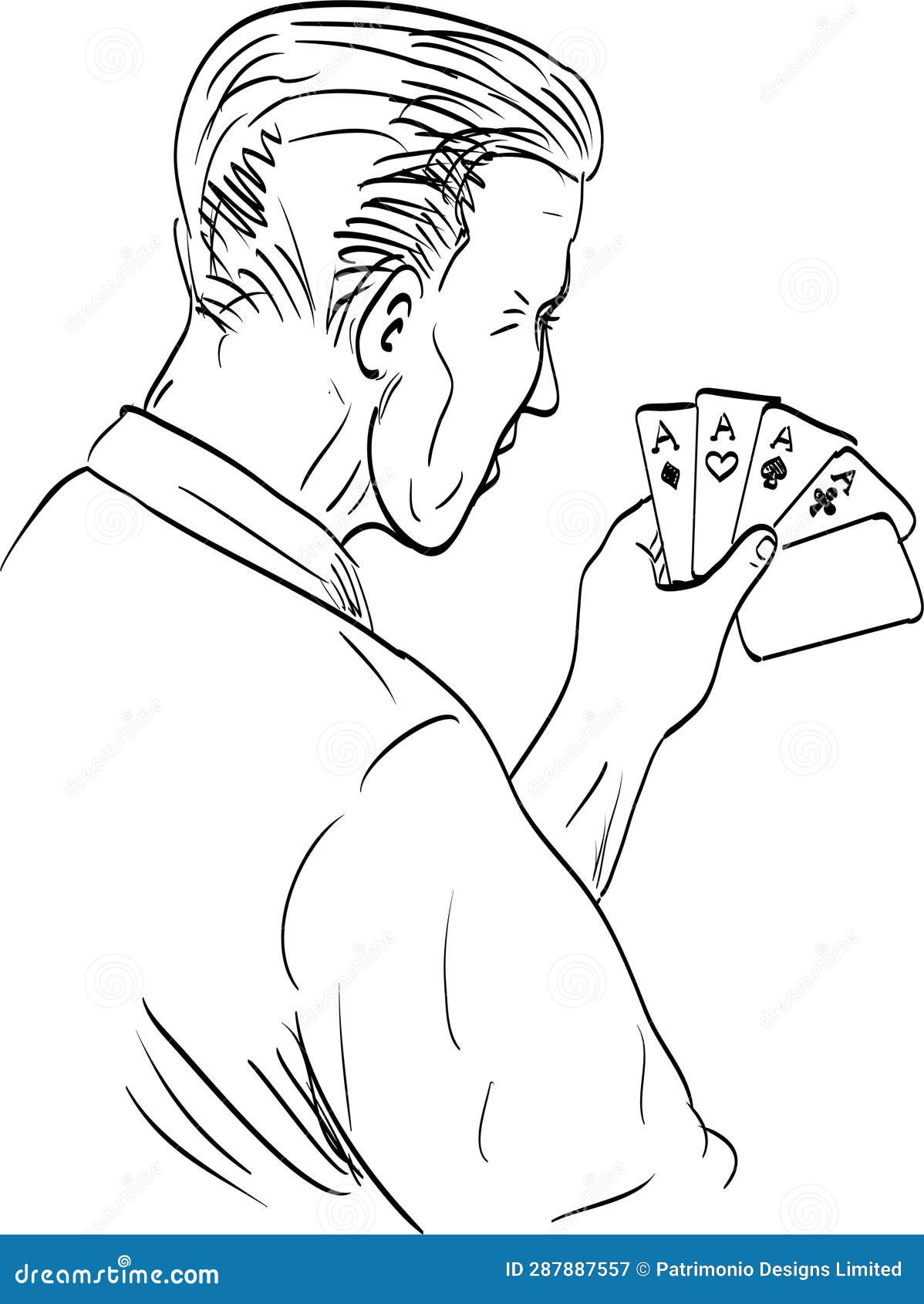 gambler holding deck of cards rear view drawing