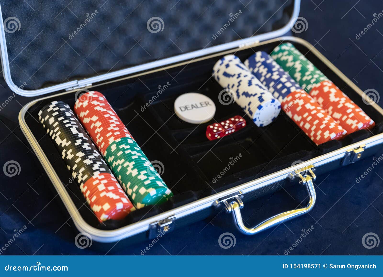 Gambling Chips for Dealer in Open Silver Metal Security Briefcase on