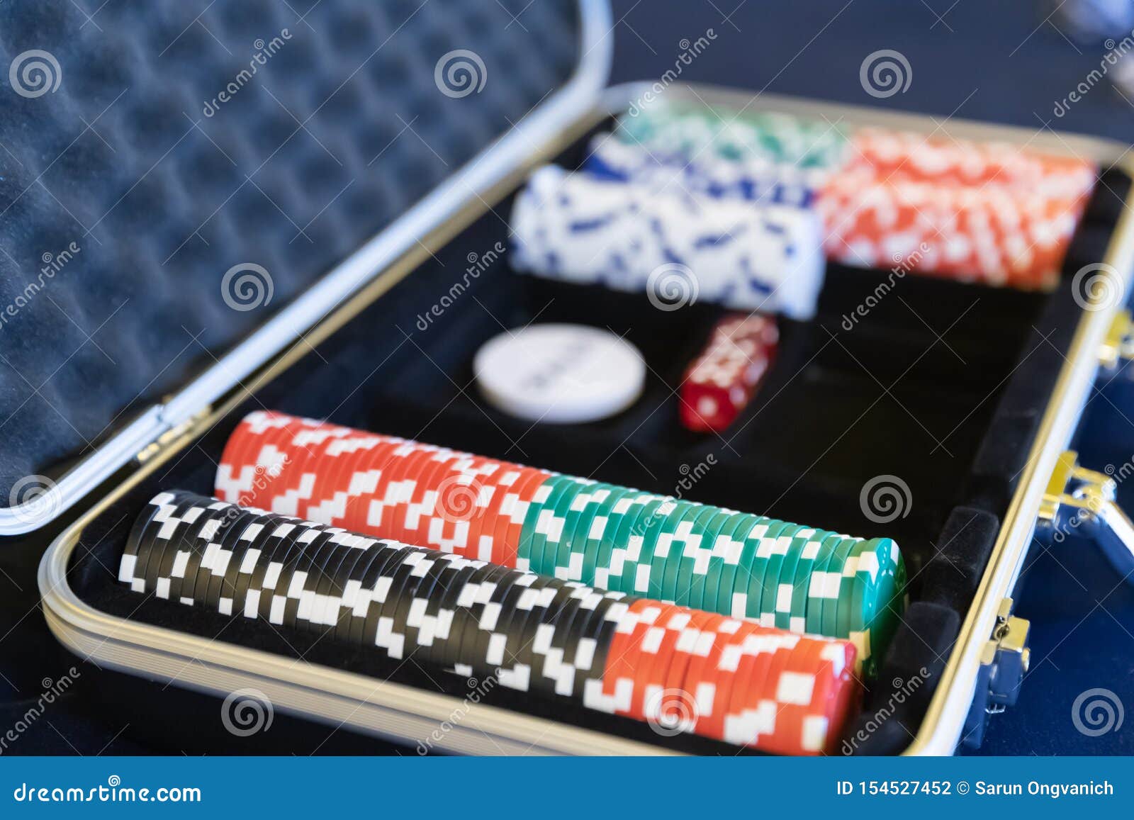 Gambling Chips for Dealer in Open Silver Metal Security Briefcase on