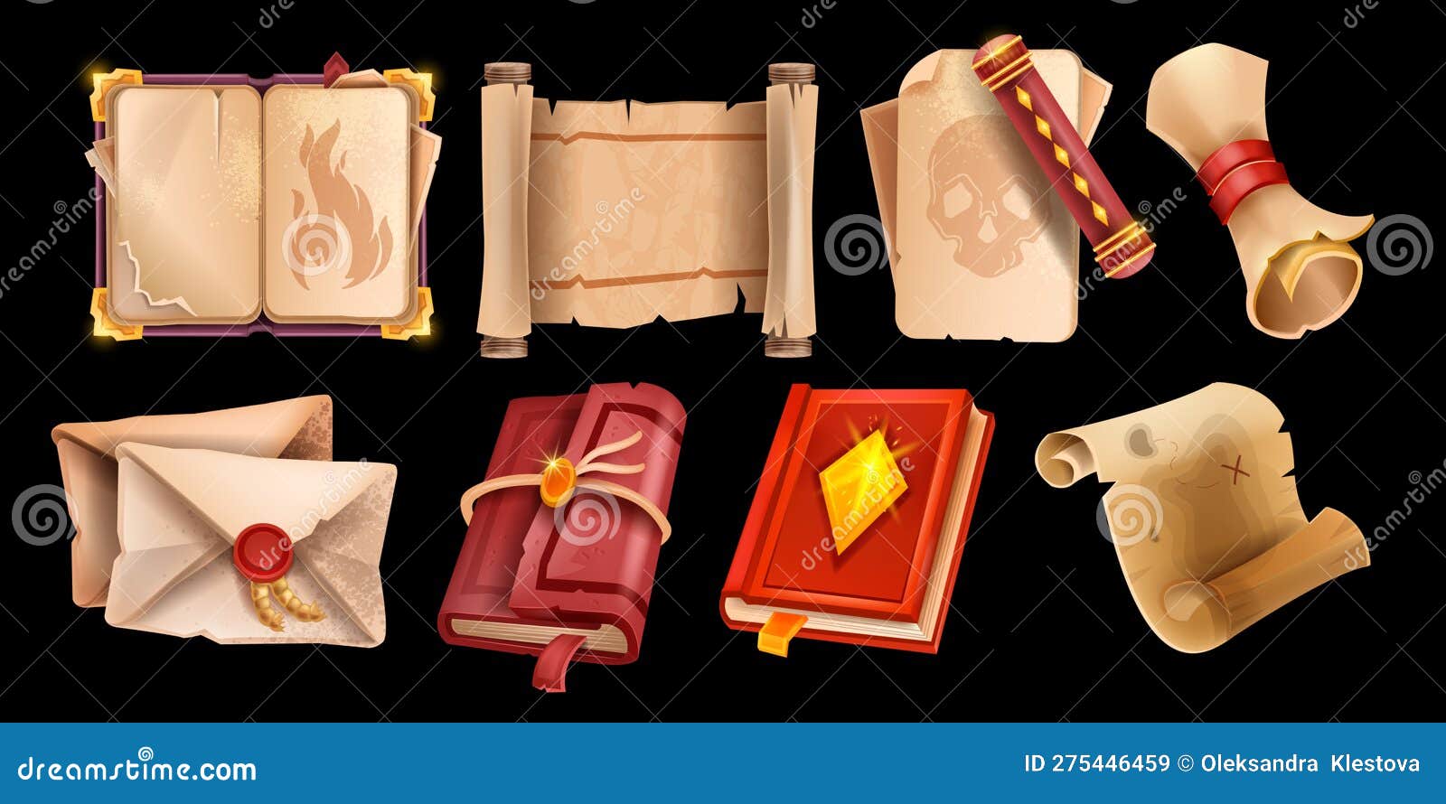 Game Book Icon Set, Magic Medieval Grimoire, Vector Fantasy Parchment