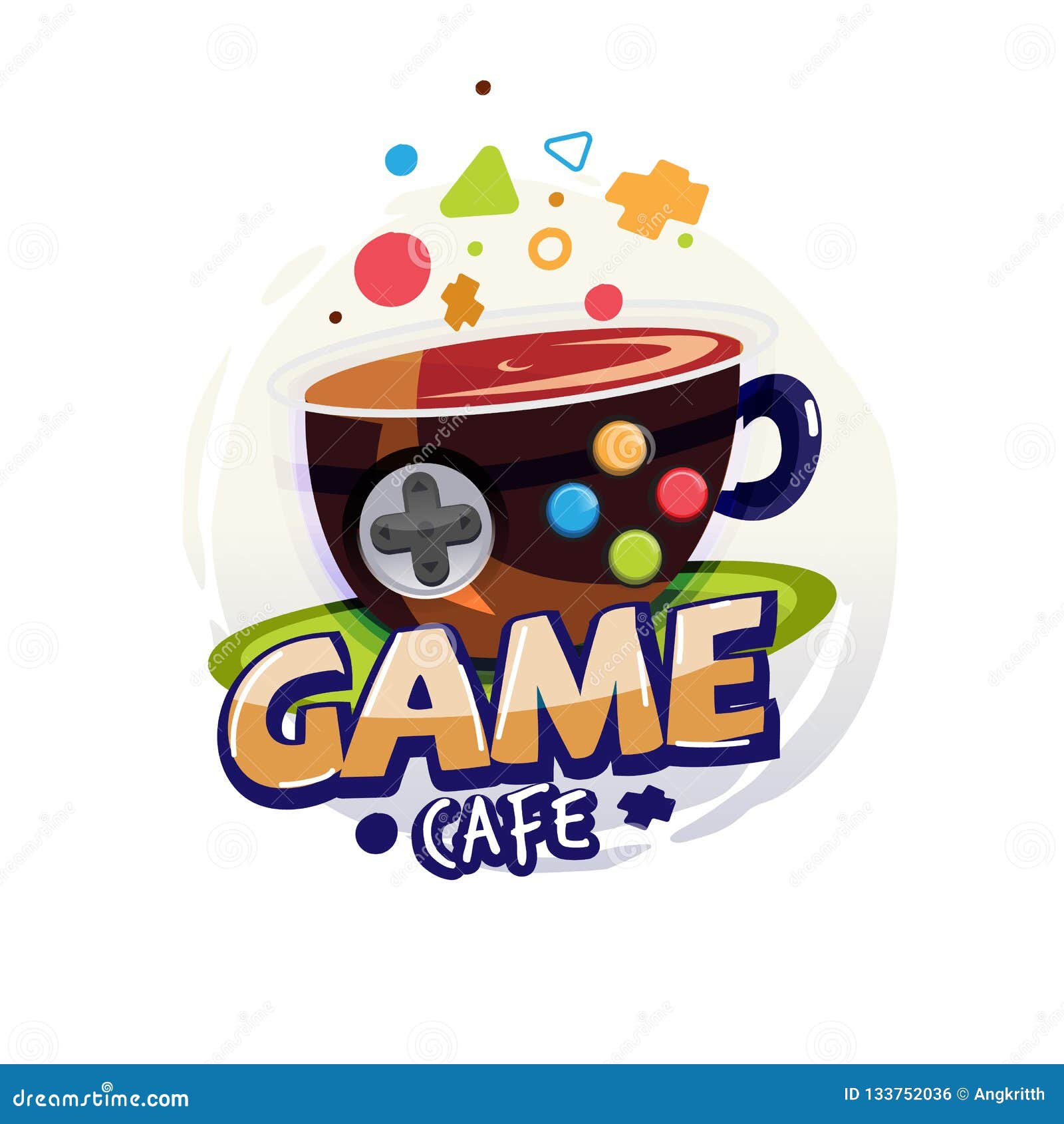 Game Cafe Logo. Game Button on Coffee Cup with Typographic Vector