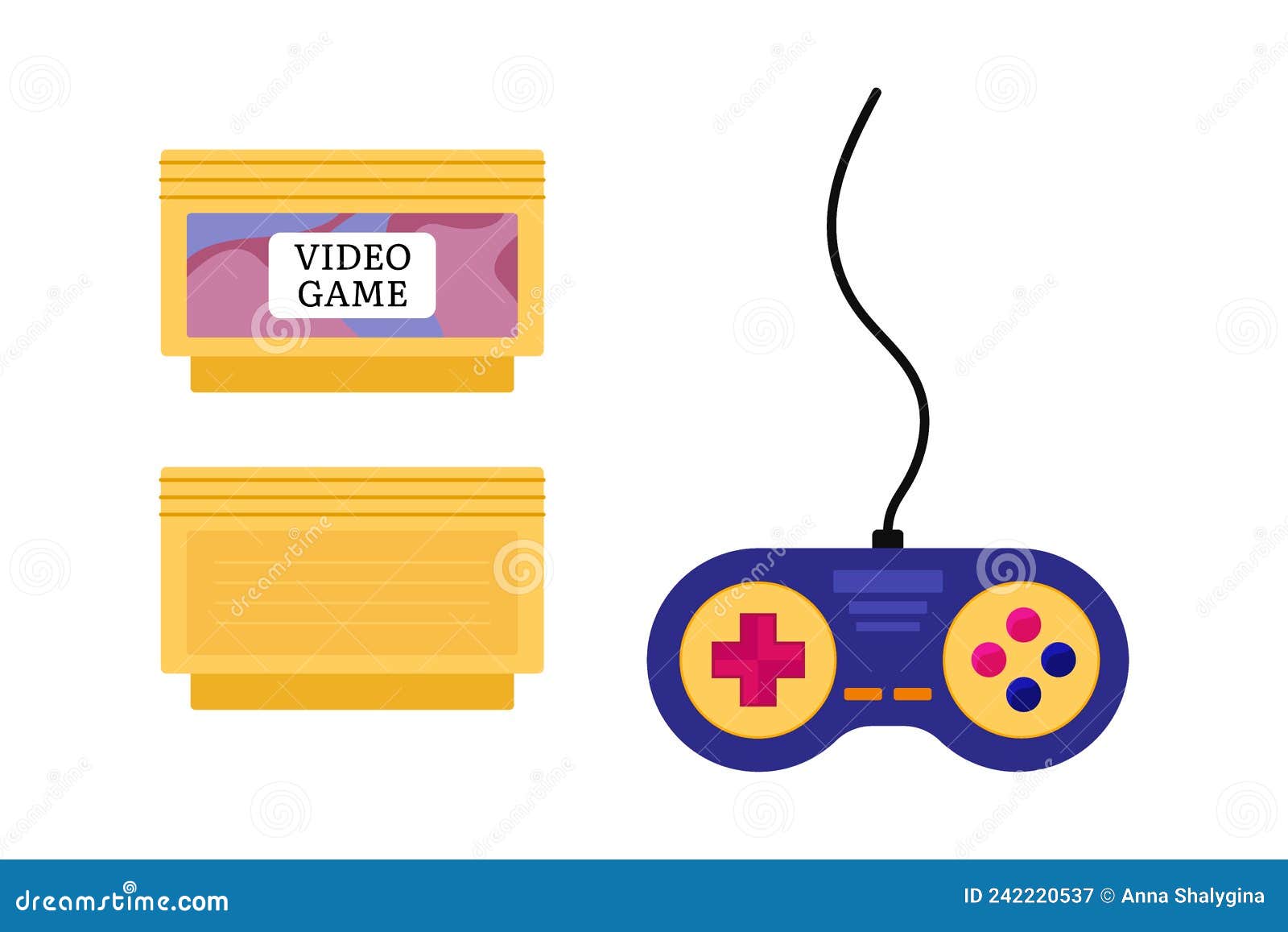 game cartridge for retro console. 90s video game joystick and yellow cassette .  flat  of past videogame