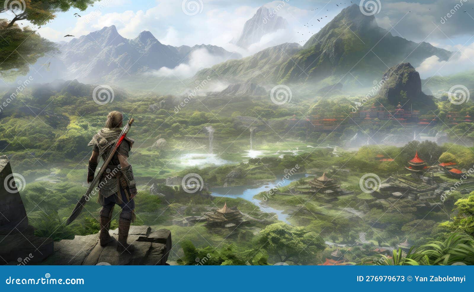 A Game Character Exploring a Vast Open World. Generative AI Stock 