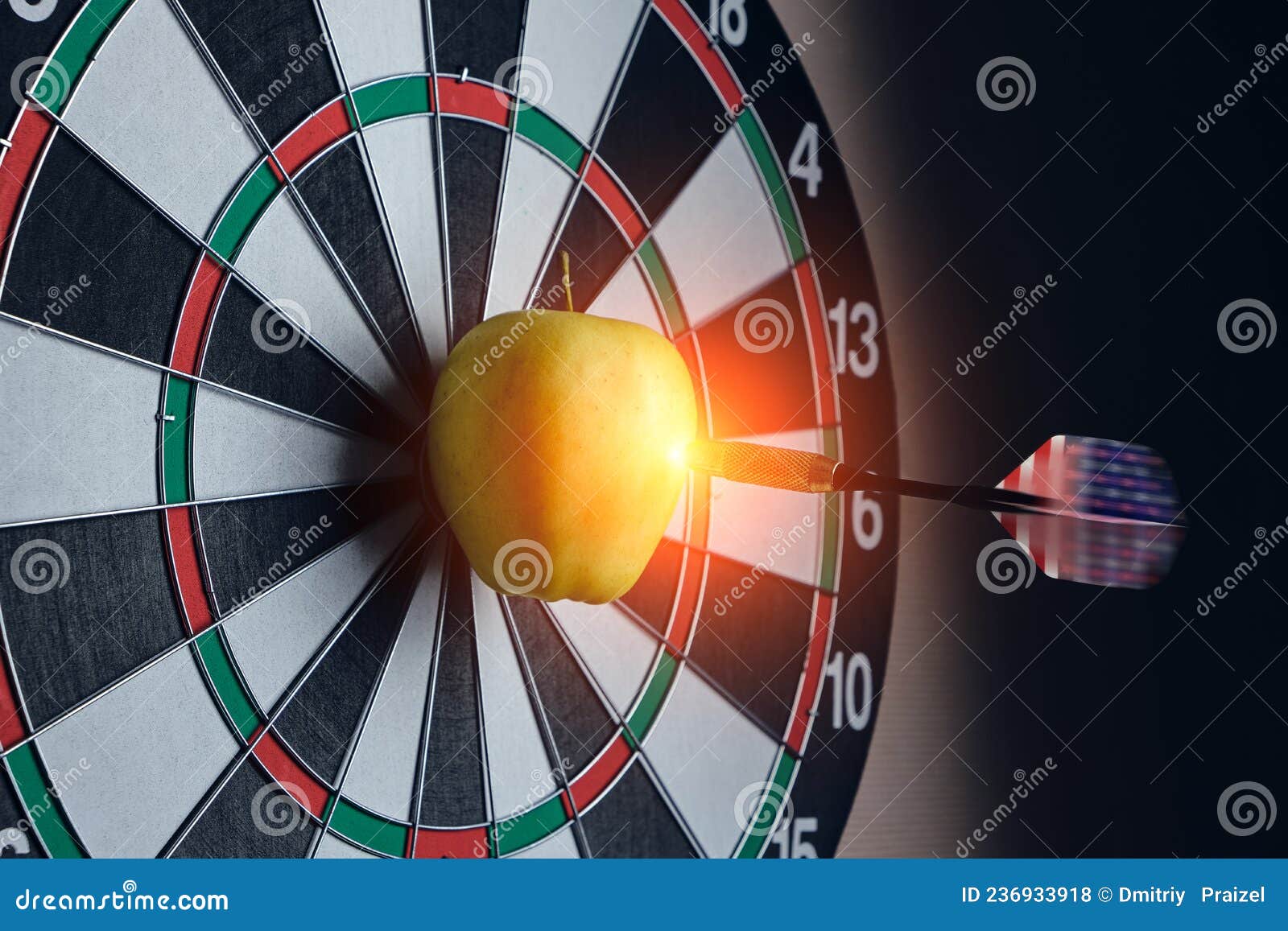 Game of Darts, Flying Dart and Hitting Right on Bullseye Stock Photo
