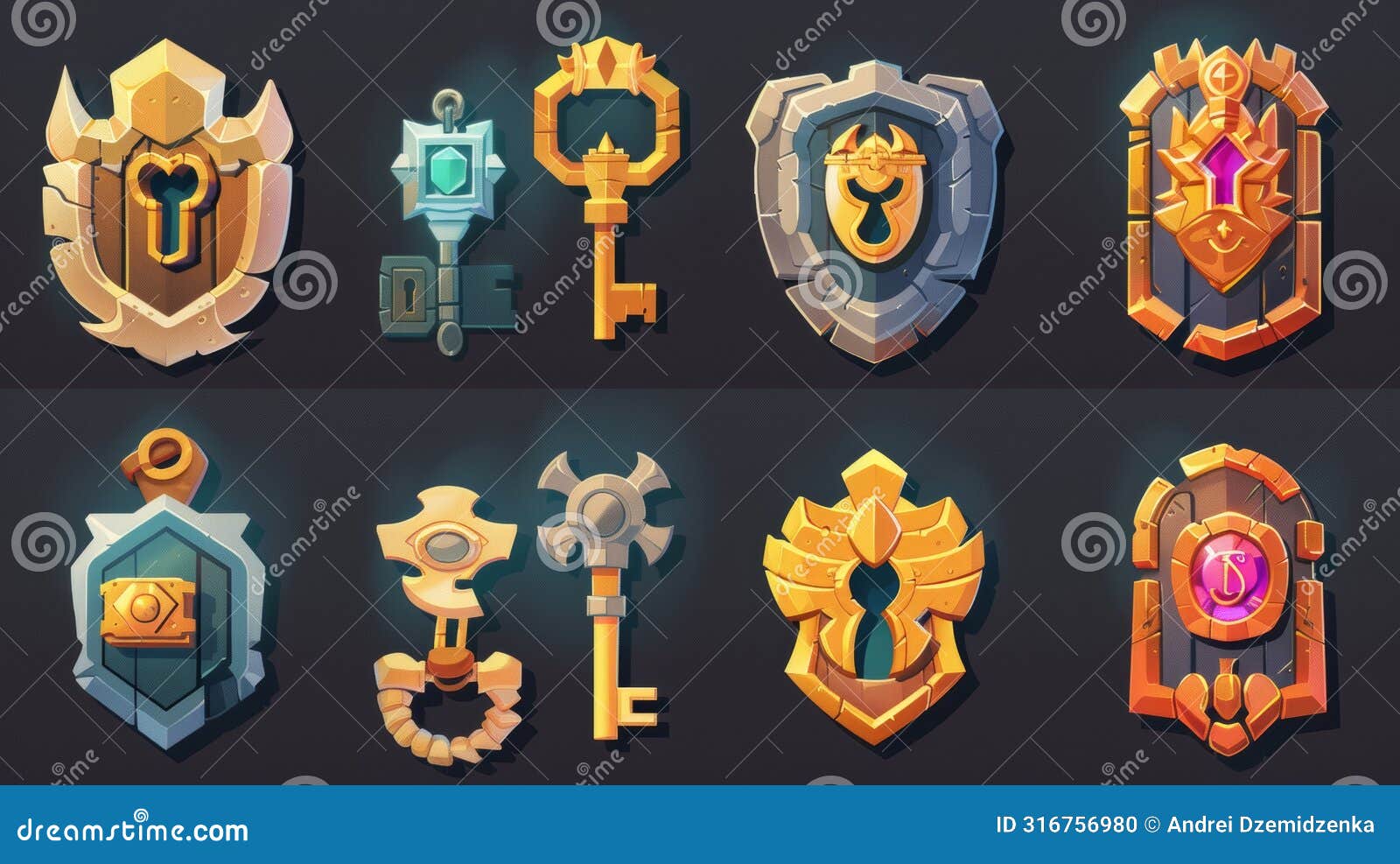game reward keys, lock evolution, loot, rare copper, iron, silver, golden, and platinum ui gamer assets, modern