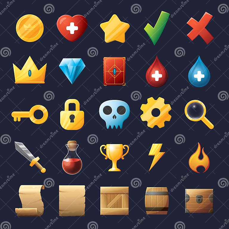 Game UI Assets Set. Gaming User Interface Icons Collection Stock Vector ...