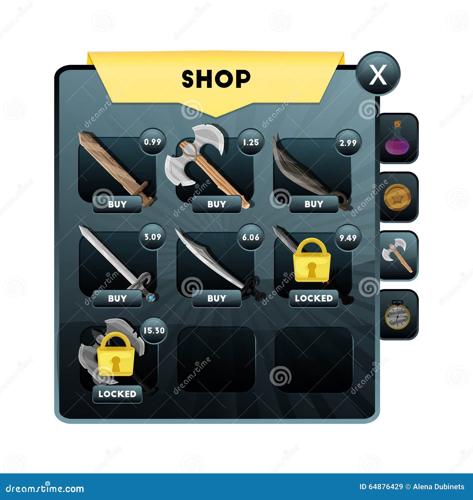 Game UI. Store Screen with the Choice of Subjects for Weapons of Attack,  Defense, Strength, and More To Design Mobile and Browser- Stock  Illustration - Illustration of background, interface: 64876429