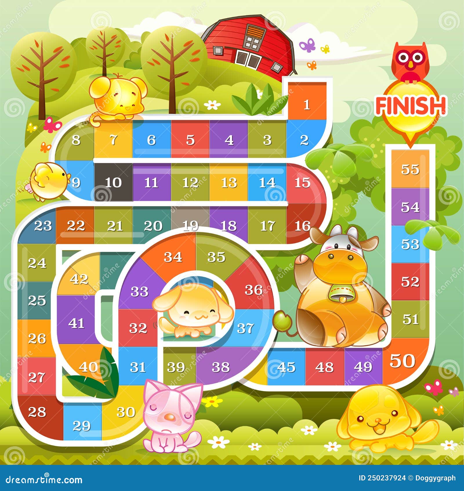 board game with number blocking the path and funny animal farm  theme,  illustrator