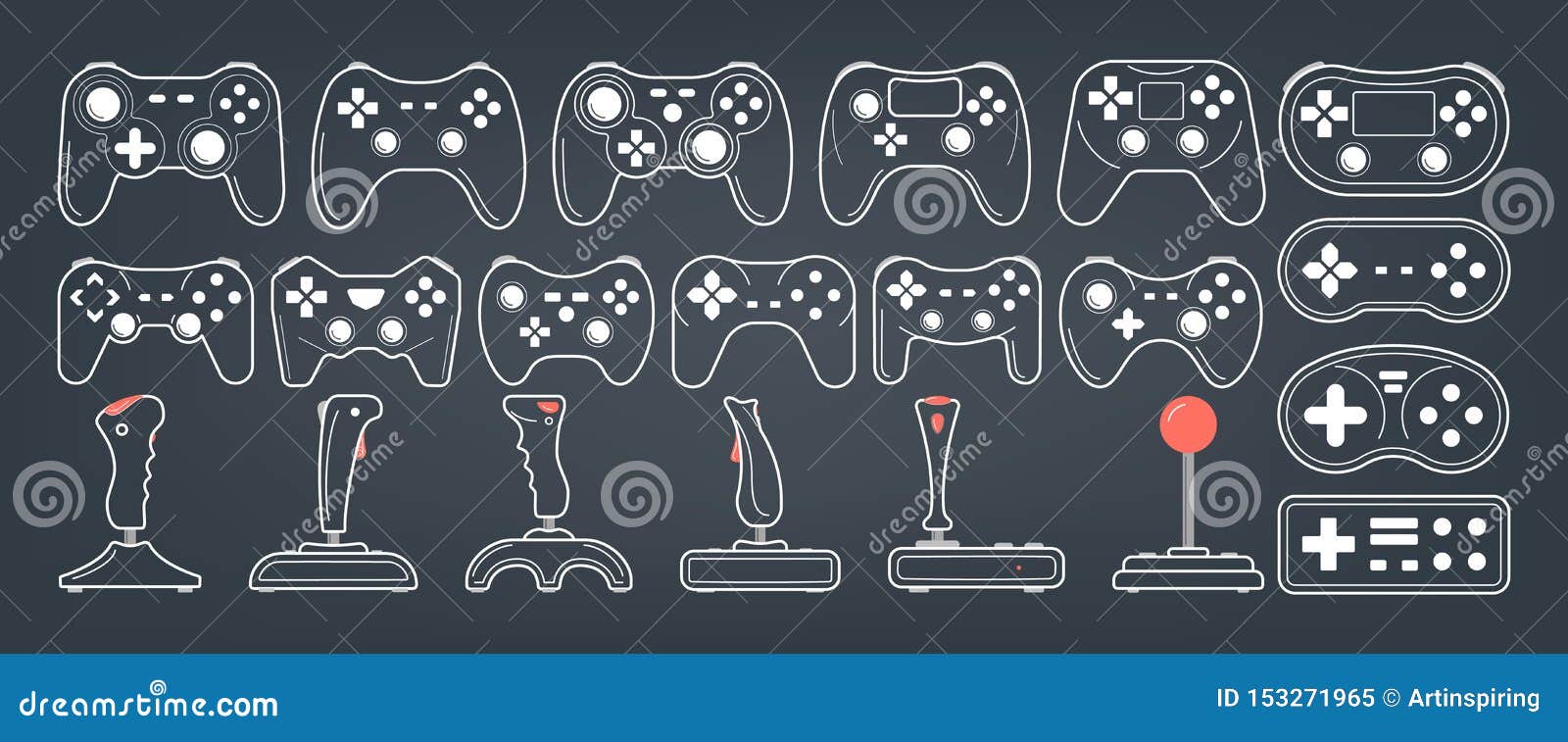 Gamepad Set. Collection of Console Controller of Various Shape Stock