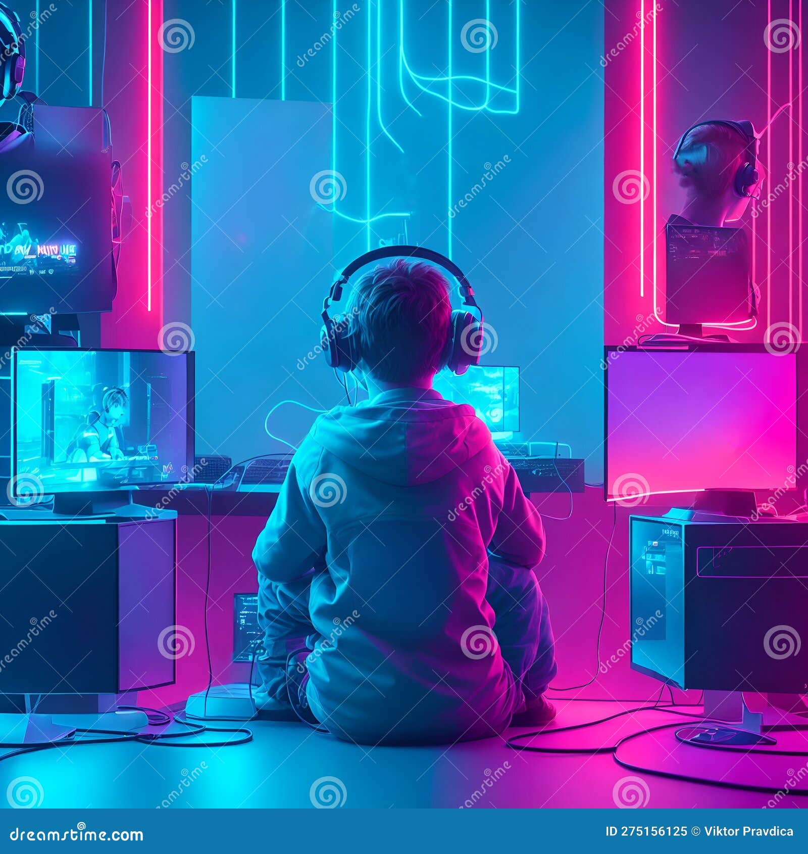 Gamer Boy in Front of His Computer Stock Illustration Illustration of