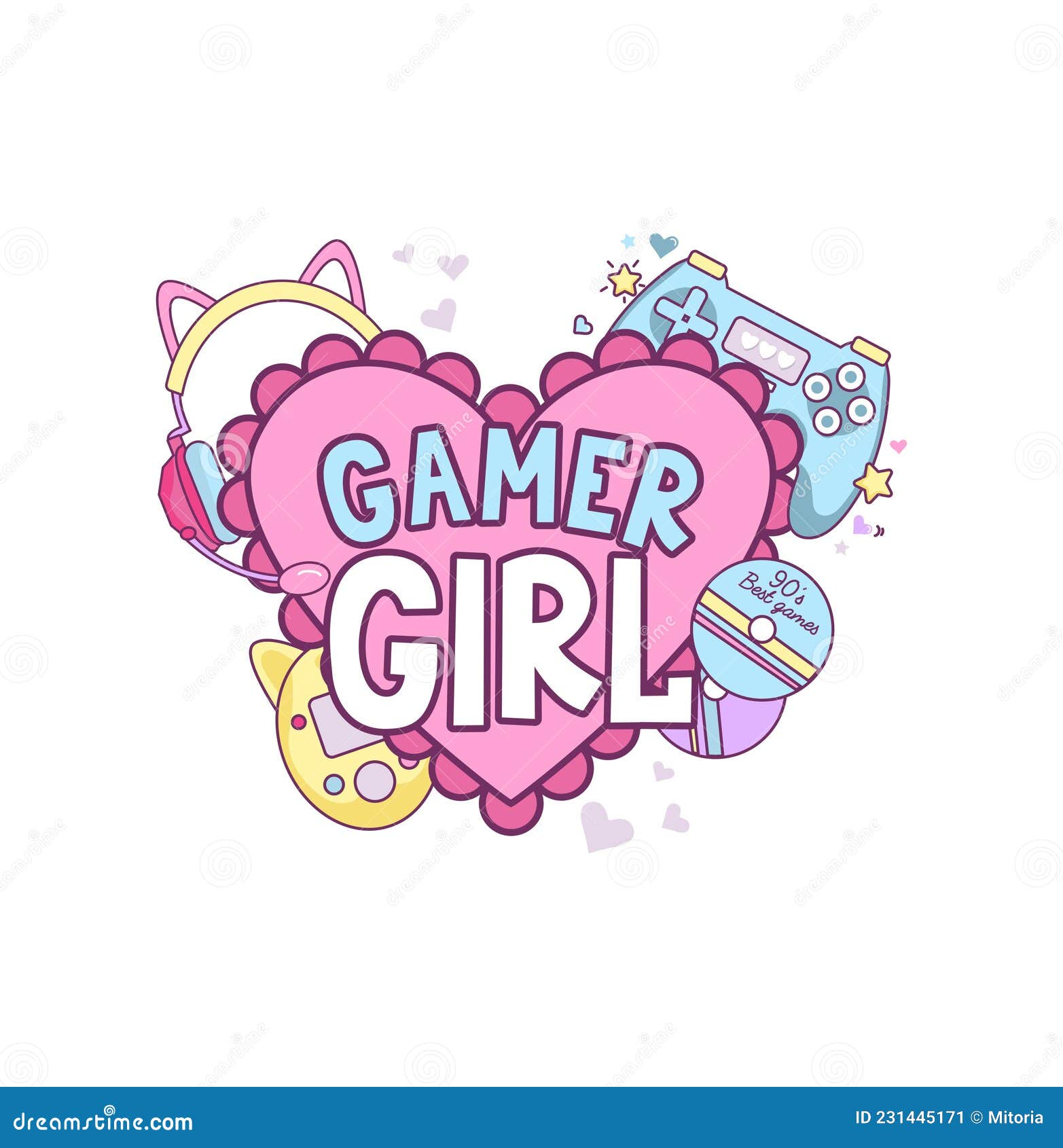 Gamer Fille Design Coloré Isolé Avec Coeur Rose Et Objets Kawaii Gamepad  Casque Mignon Tamagotchi Illustration de Vecteur - Illustration du fond,  drôle: 231445171