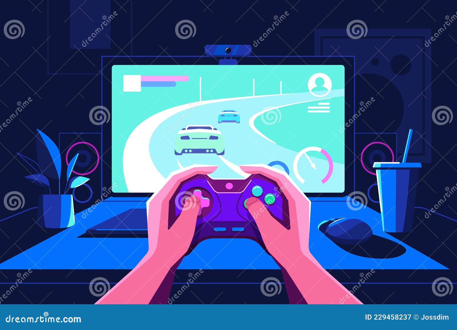 gamer hands holding console in front of screen