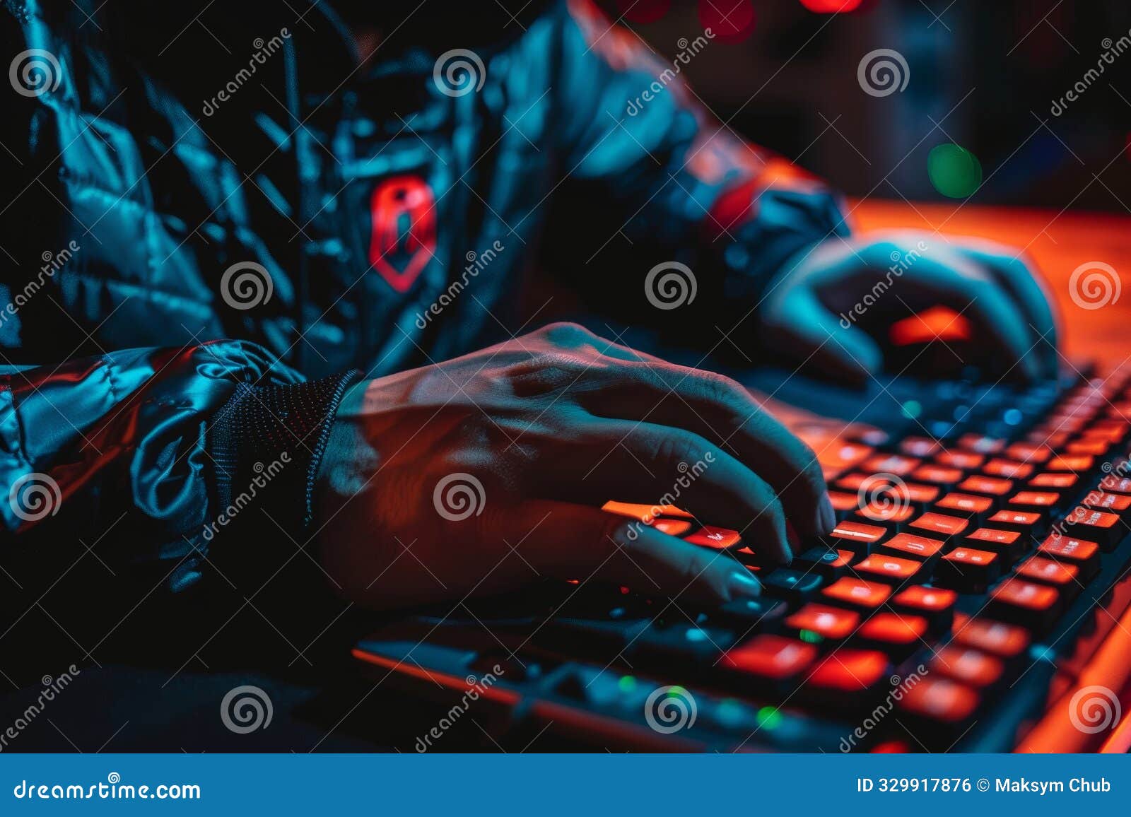 gamer with illuminated keyboard focused on online video game, esports player competes in dark room