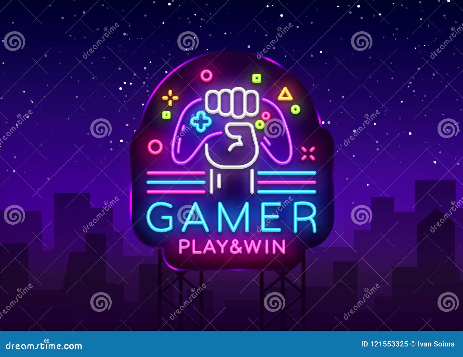 Gamer Play Win Logo Neon Sign Vector Logo Design Template Game Night Logo In Neon Style Gamepad In Hand Modern Trend Stock Vector Illustration Of Logo Controller