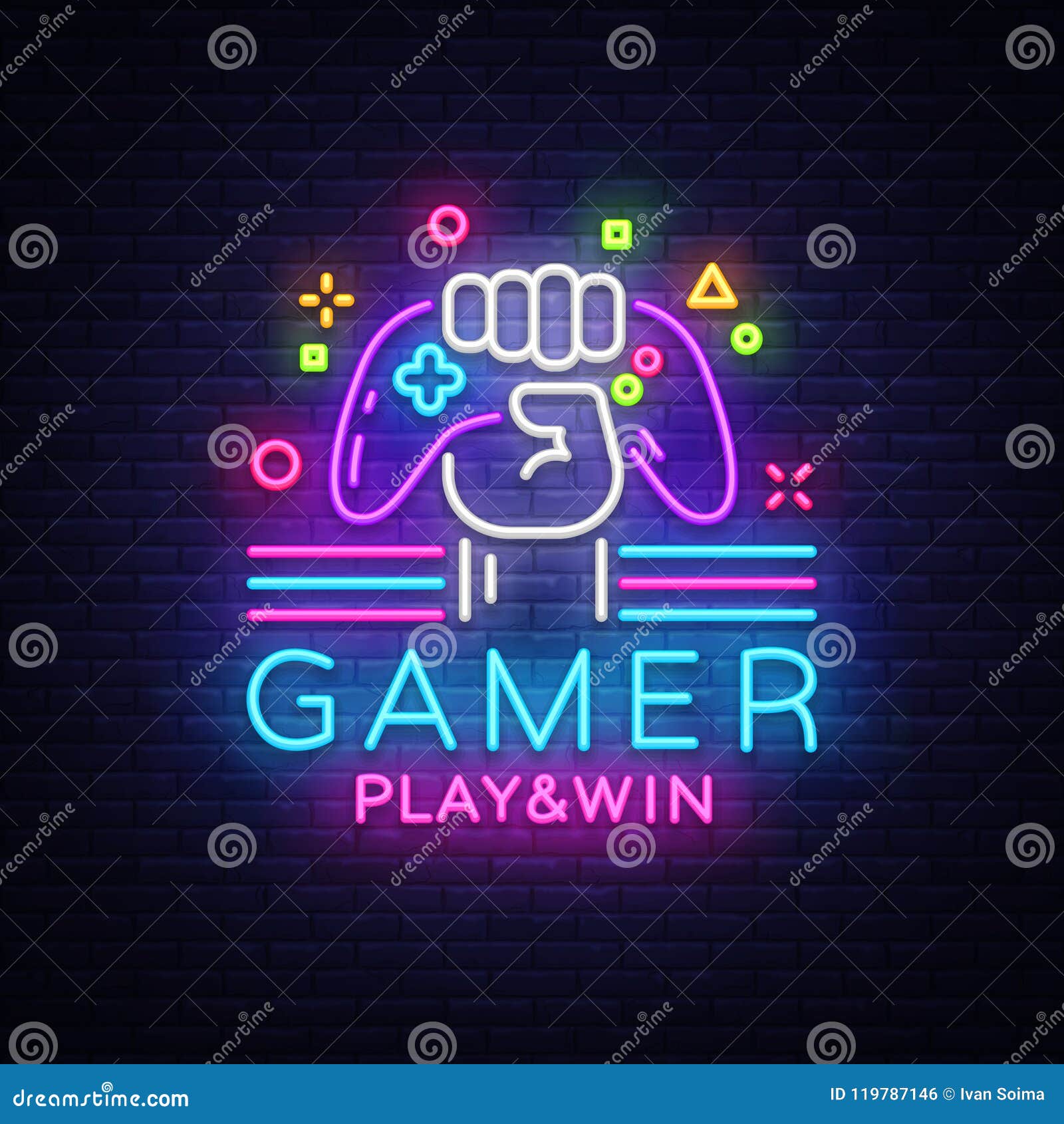 gamer play win logo neon sign  logo  template. game night logo in neon style, gamepad in hand, modern trend