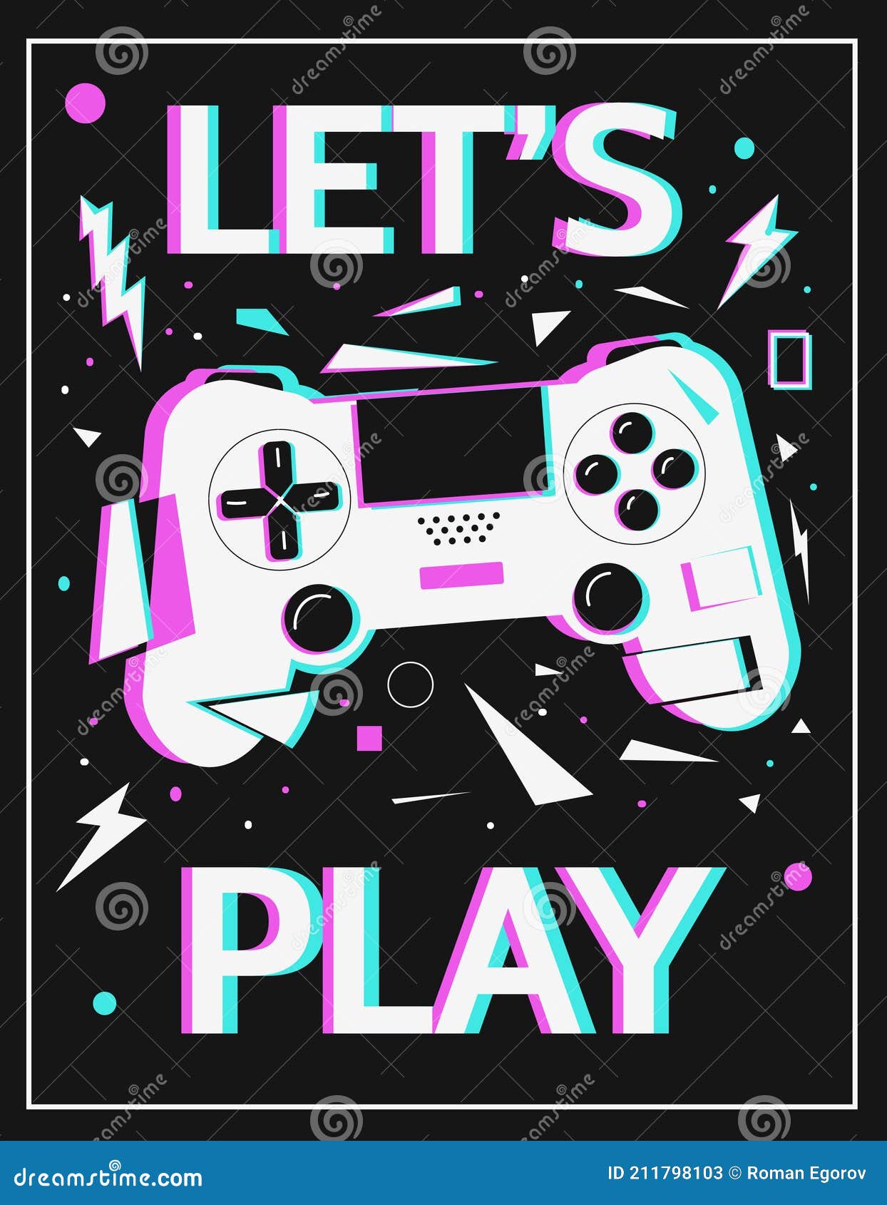 gamer poster. let's play concept. white gamepad and abstract geometric s with graffiti colorful glitch effect