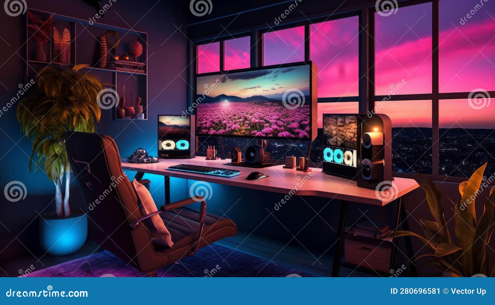 Games Room with a Cyber Gamer Computer. Generative AI Stock