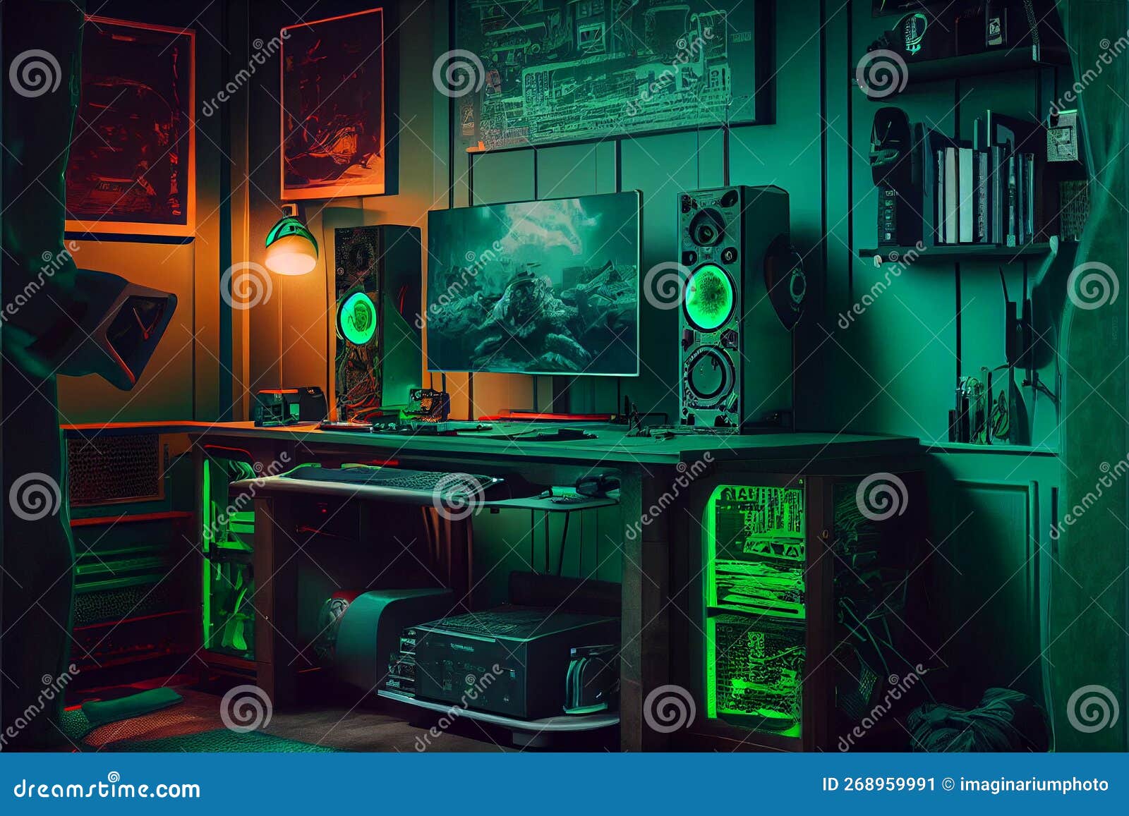 Gaming room with gaming pc and whol room colour is black and neon green