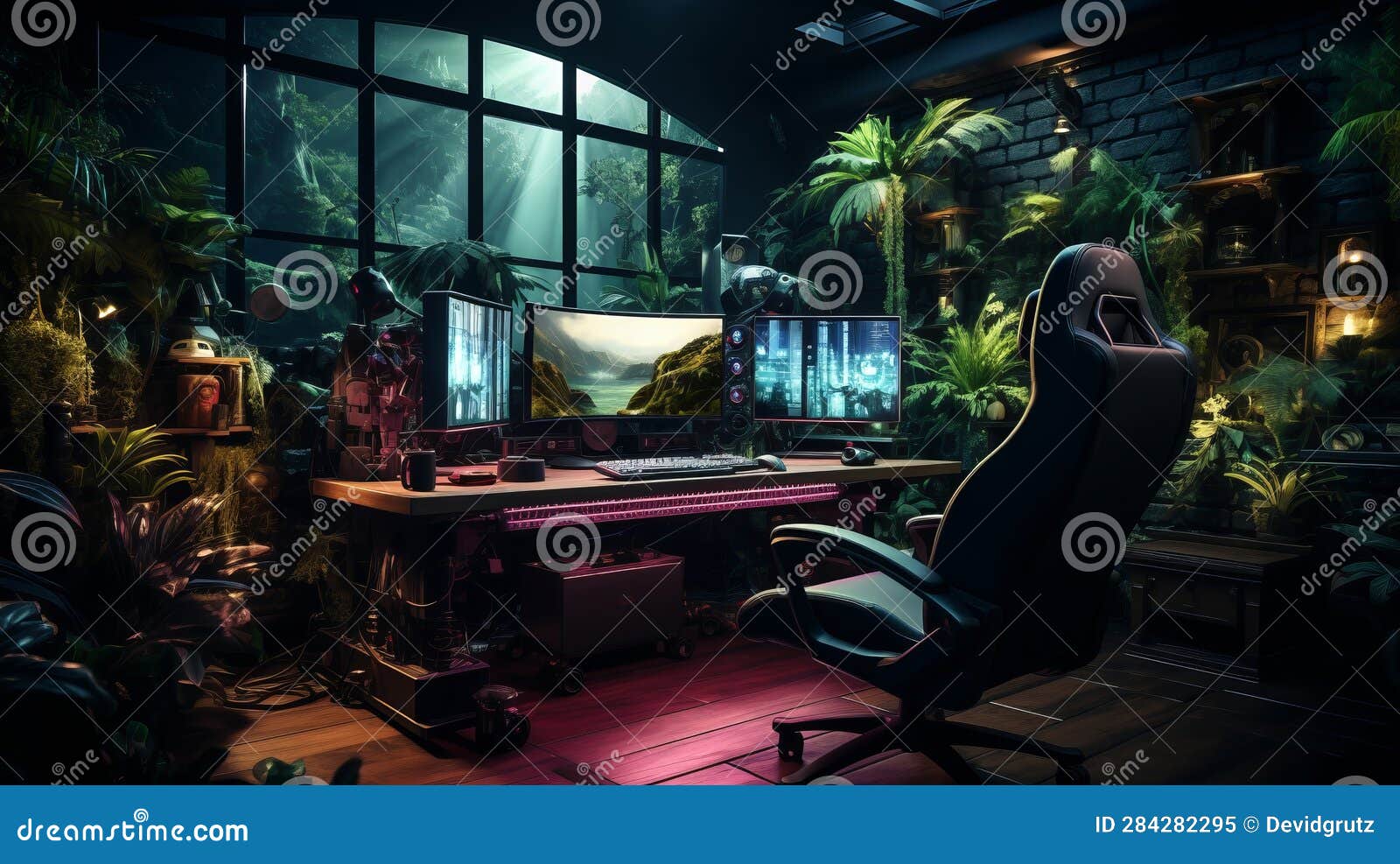 Gaming PC Room with Led Lights in Different Colors. Generative AI