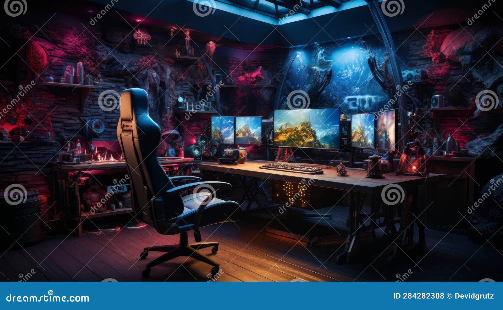 Gaming PC Room with Led Lights in Different Colors. Generative AI