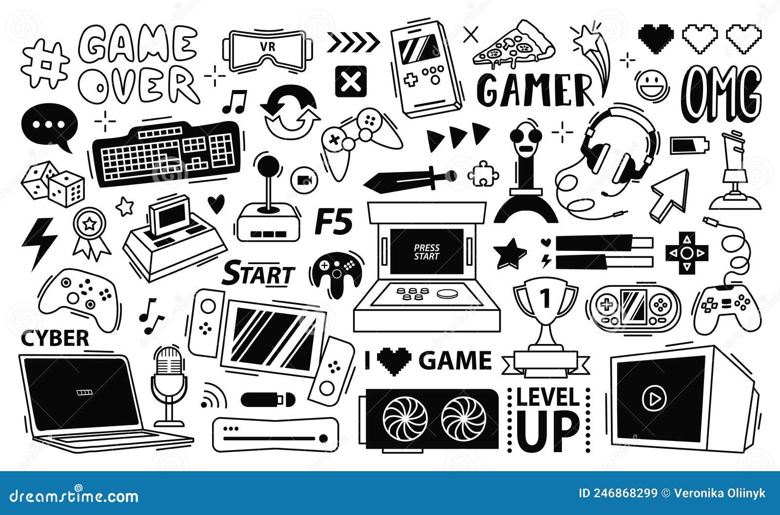 Gaming Streaming Doodle. Game Gadgets, Gamer Equipment And Cyber Sport Games  Controllers Vector Set Royalty Free SVG, Cliparts, Vectors, and Stock  Illustration. Image 185543971.