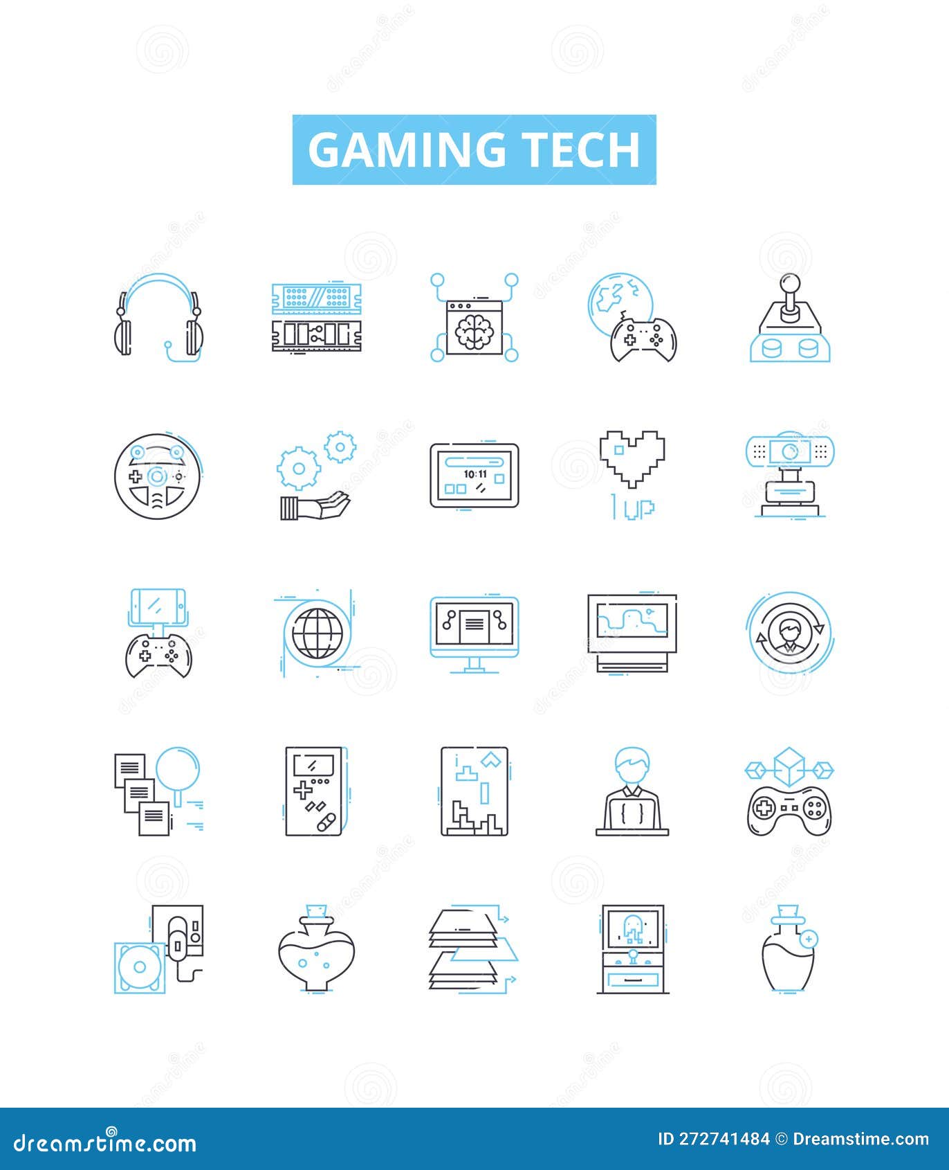 gaming tech  line icons set. gaming, tech, console, controller, vr, racing, simulator  outline concept