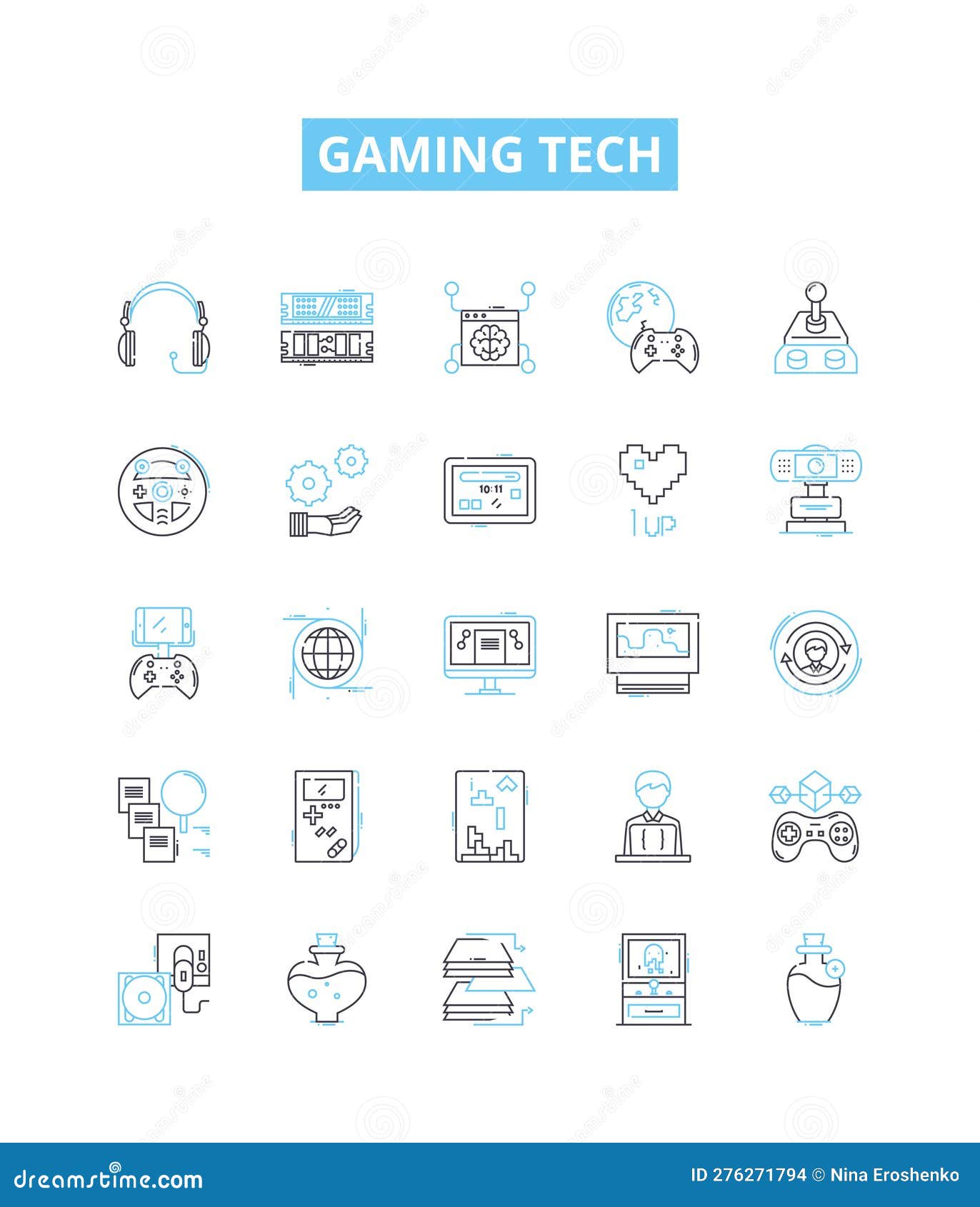 gaming tech  line icons set. gaming, tech, console, controller, vr, racing, simulator  outline concept