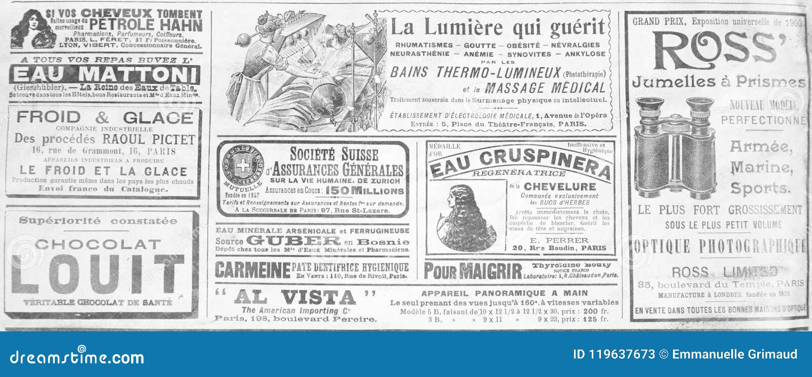 Gammal fransk publicitet från slutet av det 19th århundradet. Gammal fransk publicitet från det sent - århundrade för th 19 från en tidning