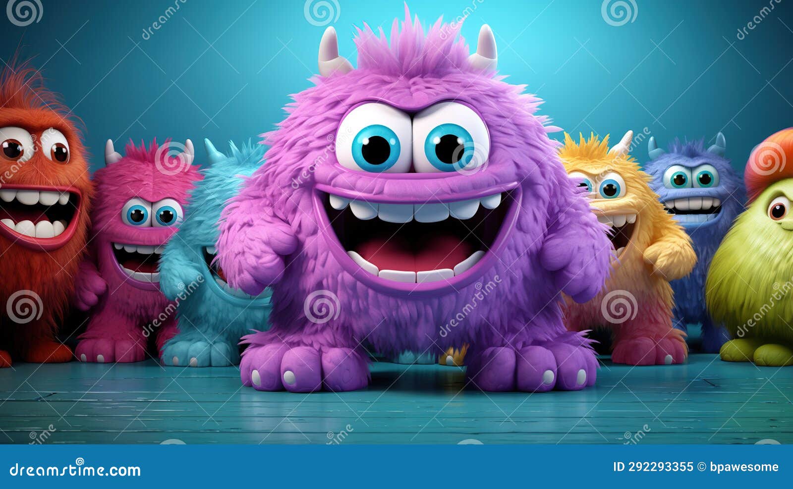 Gang Of Furry Cute Cartoon Monster Mascot Characters Colorful 3d Monsters Generative Ai Stock