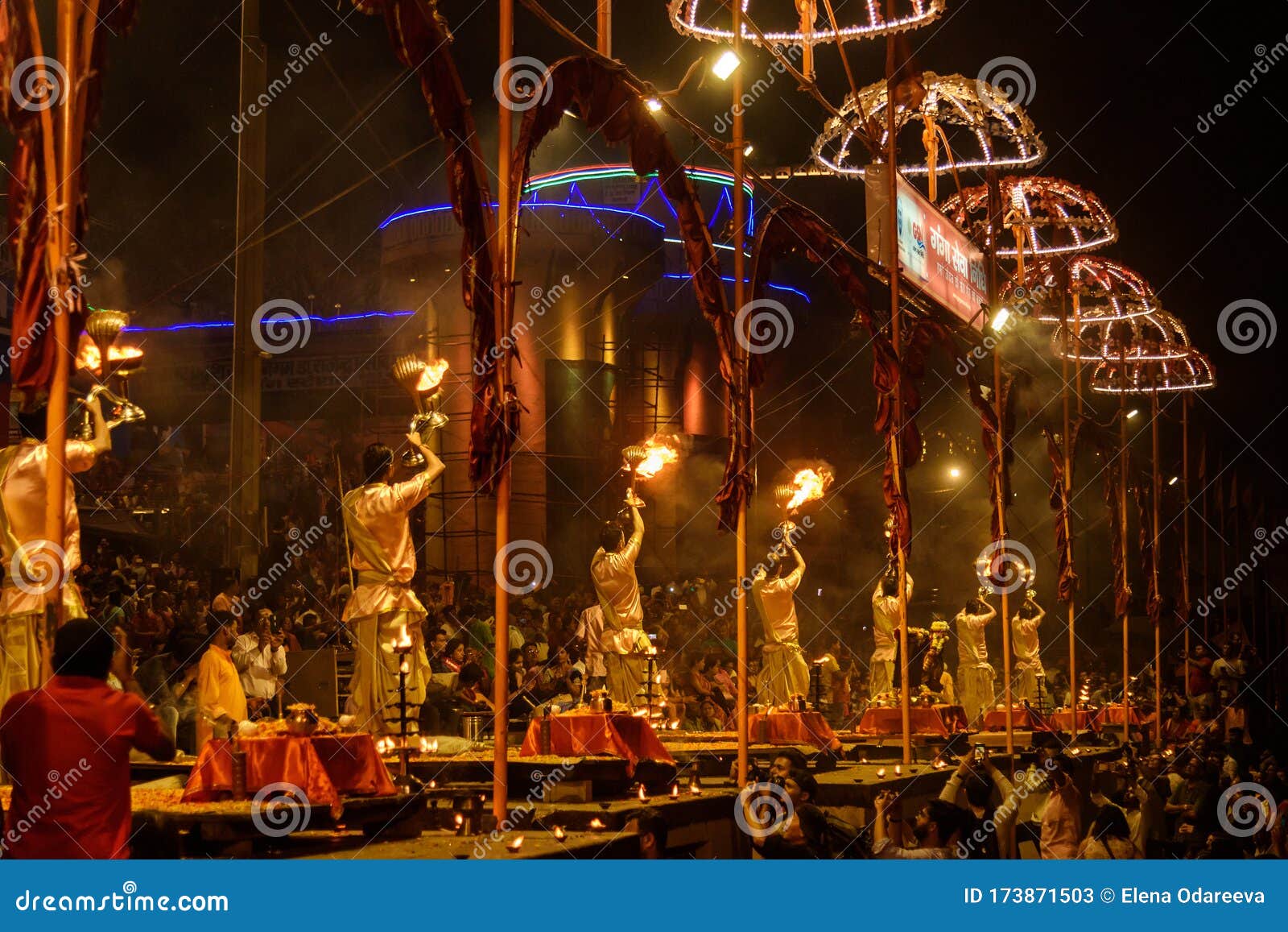 Ganga Aarti Ceremony Rituals at Dashashwamedh Ghat in Varanasi. India