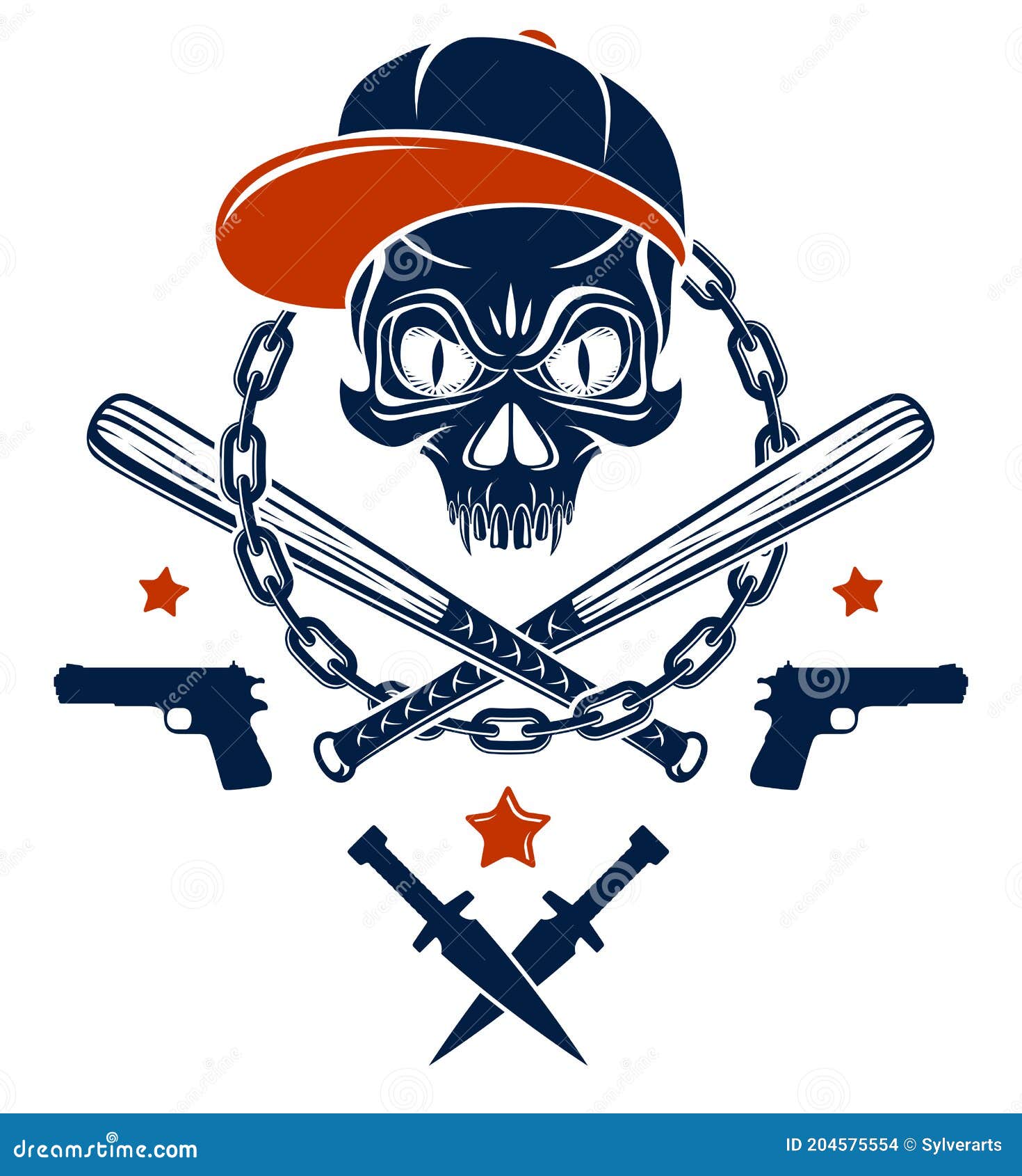 Gangster Emblem Logo or Tattoo with Aggressive Skull Baseball Bats and ...